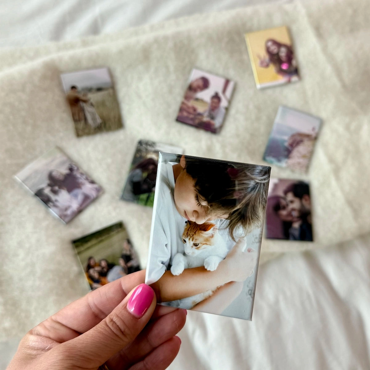 Personalized photo magnet capturing a tender child-and-pet moment—an everyday photo souvenir that turns memories into something you can keep close.