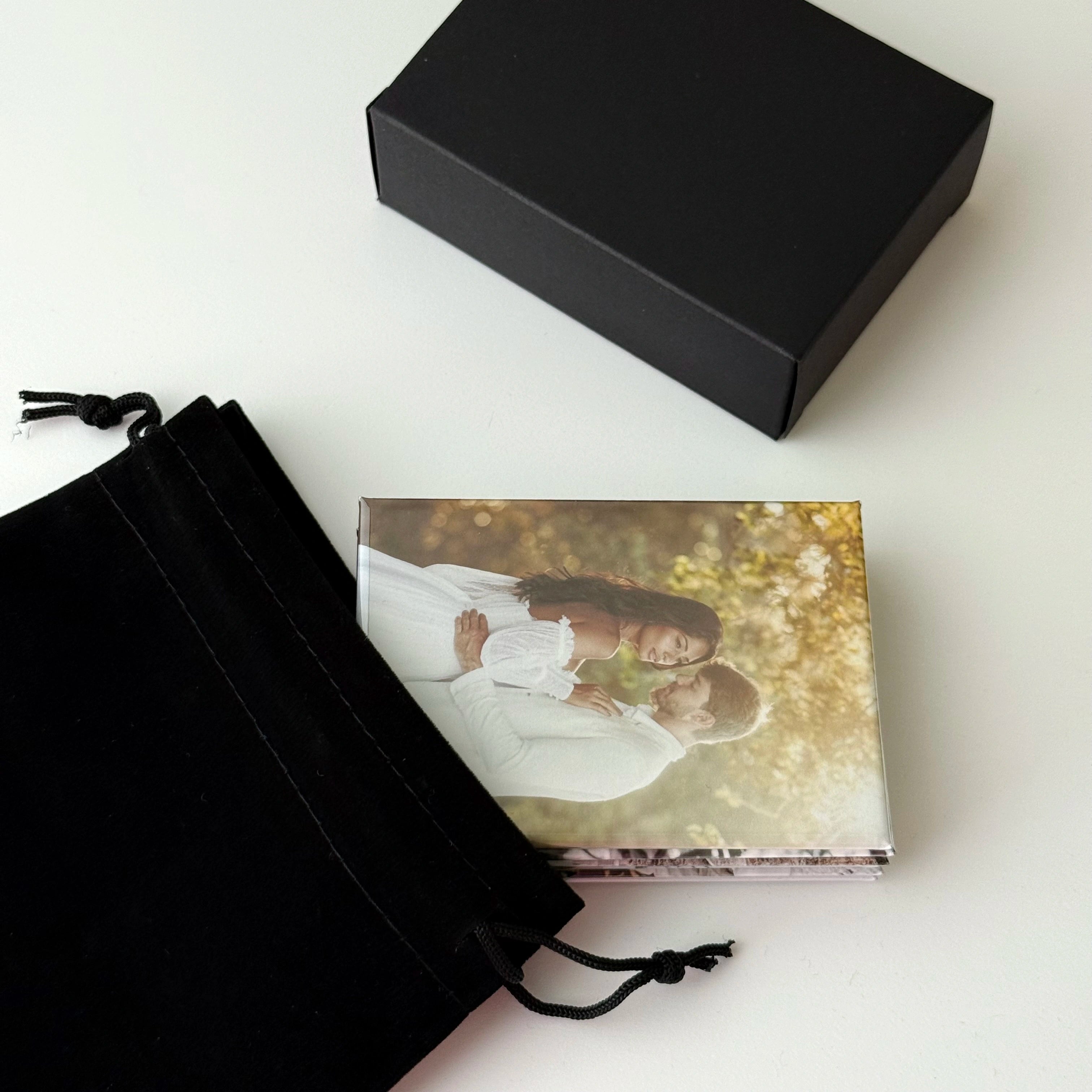 Custom photo magnets packaged in a velvet pouch and black gift box—thoughtful presentation for birthdays, holidays, and keepsake gifts.