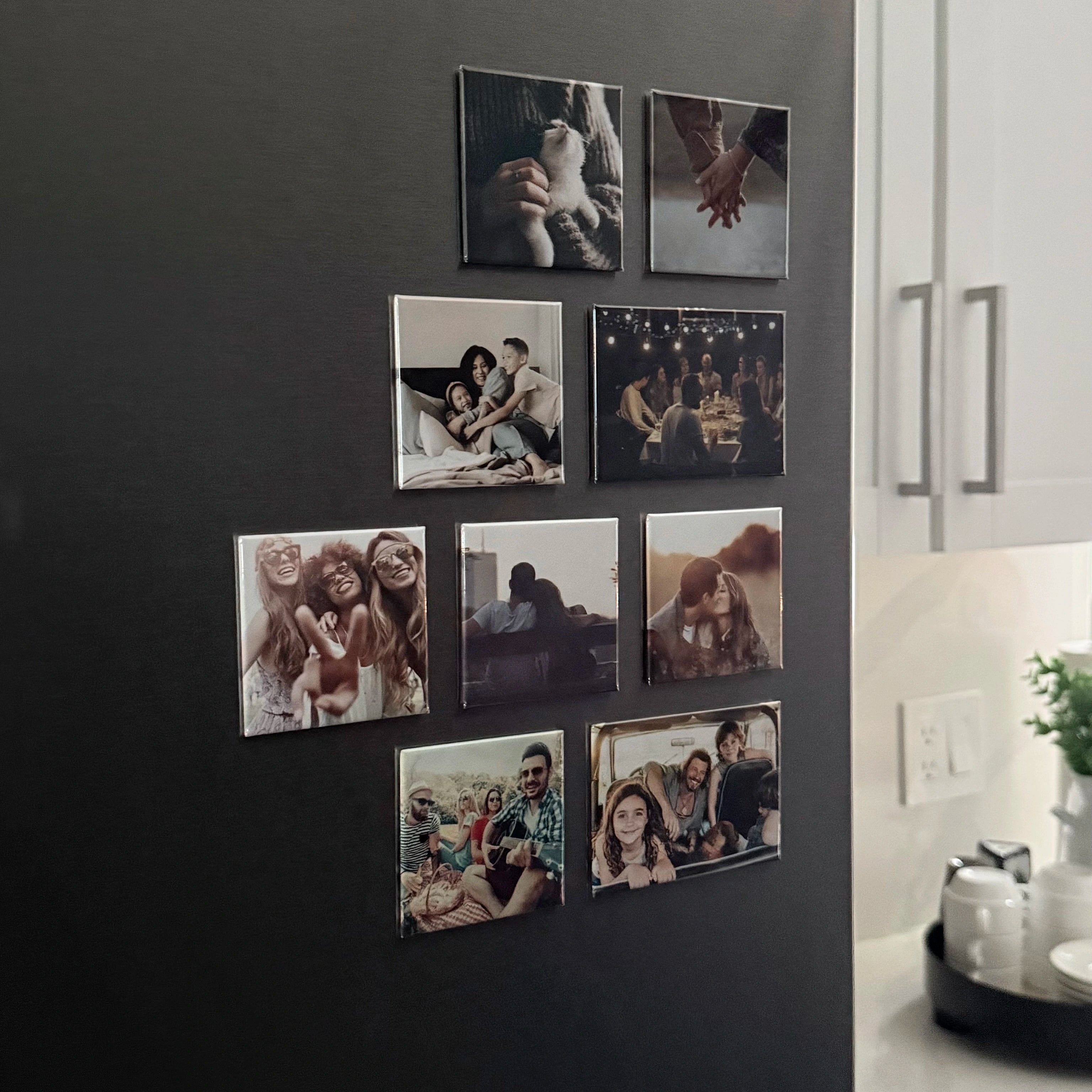 Custom photo magnets displayed on a fridge door, featuring real-life moments with family, friends, pets, and travel—an emotive and magnetic way to keep memories visible every day.