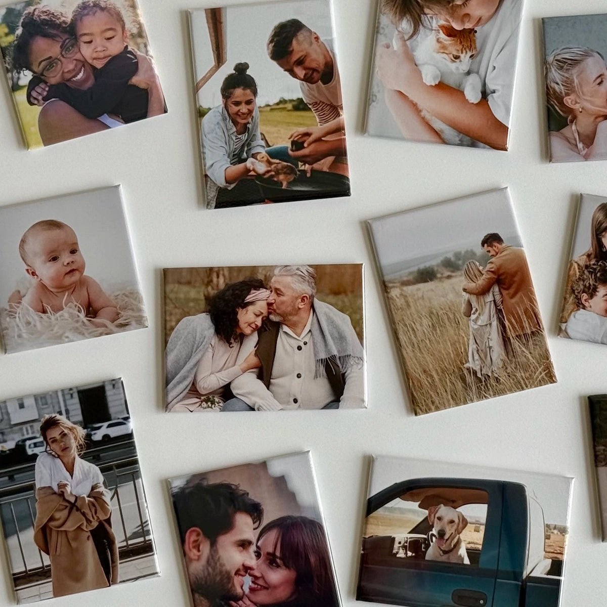 Custom photo magnets featuring family, pets, and everyday moments, shown as a sentimental fridge collage for memory keeping and gift display ideas.