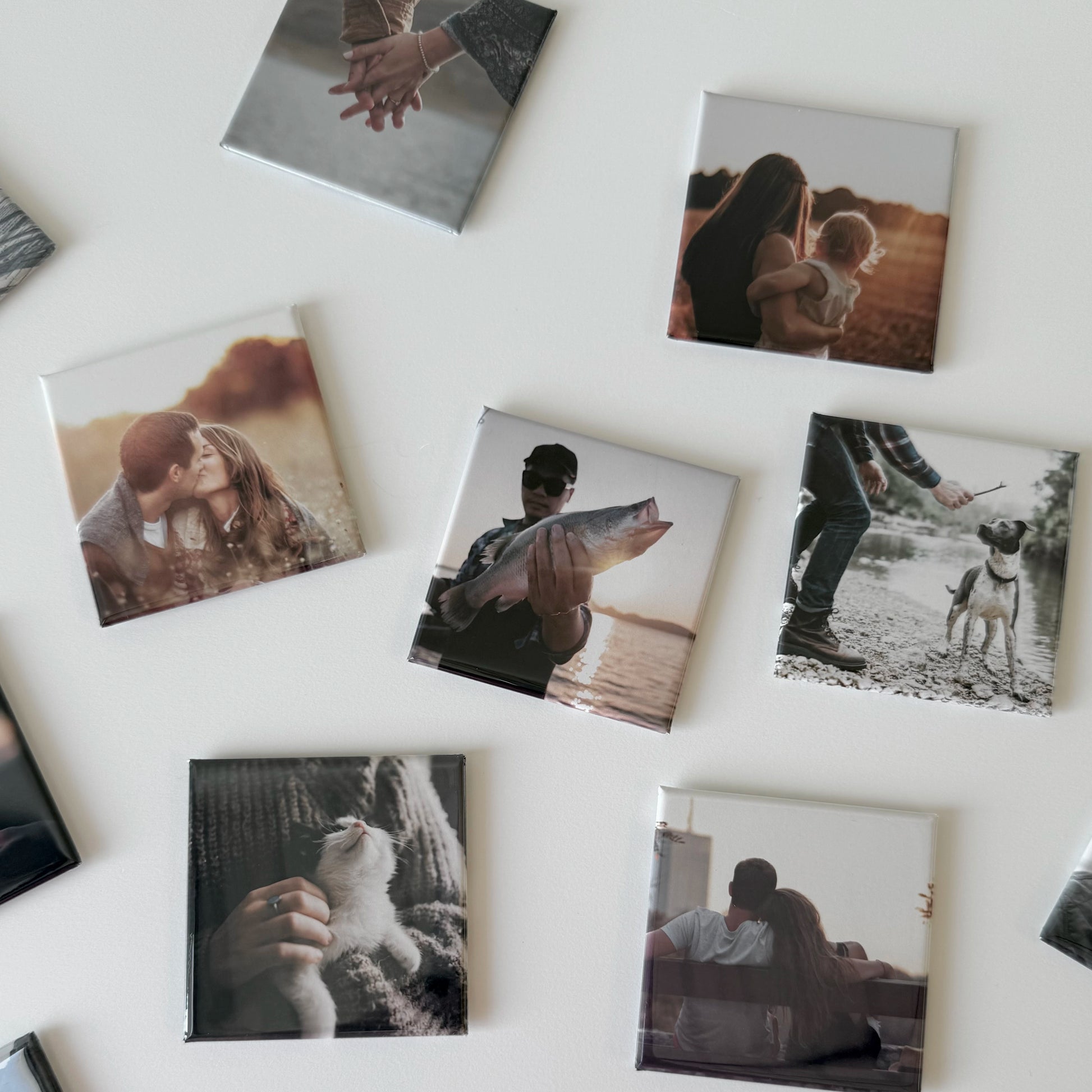 Square custom photo magnets showing pets, couples, and everyday life moments—printed as a heartfelt magnet collage for fridge or magnetic board display.